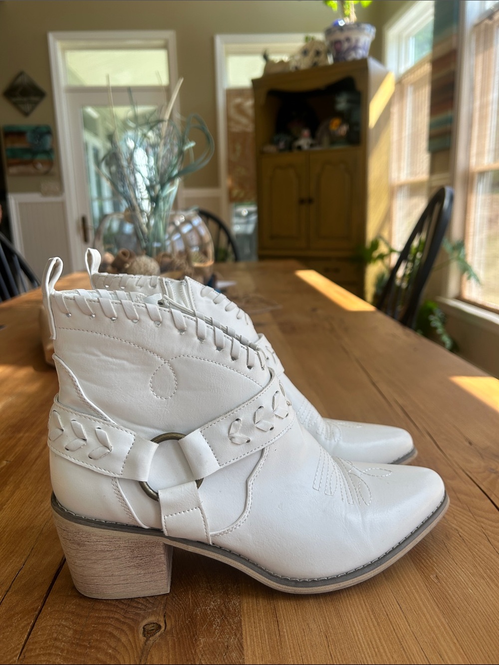 Altar'd State White Leather Western Ankle Boots with Braided Harness